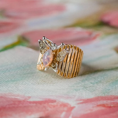 Vintage 1980s Butterfly Ring with Harlequin Opal and Clear Austrian Crystals 18kt Yellow Gold Electroplated jewelry image 1