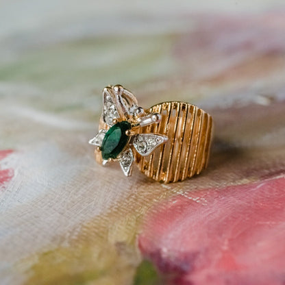 Vintage 1980s Butterfly Ring with Emerald and Clear Austrian Crystals - 18kt Yellow Gold Electroplated jewelry image 1