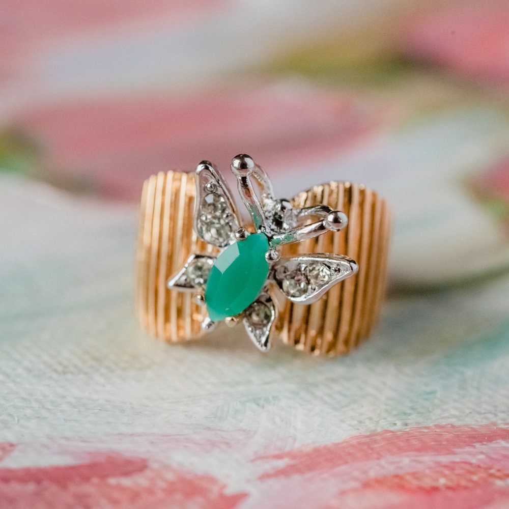 Vintage 1980s Butterfly Ring with Zircon and Clear Austrian Crystals – 18kt Yellow Gold Electroplated jewelry image 1