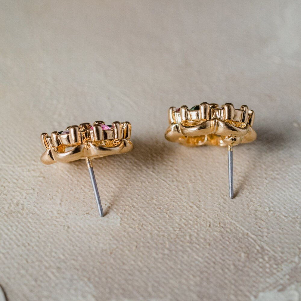 Vintage 1970s Flower Pierced Earrings with Austrian Crystals - 18k Yellow Gold Electroplated jewelry image 1