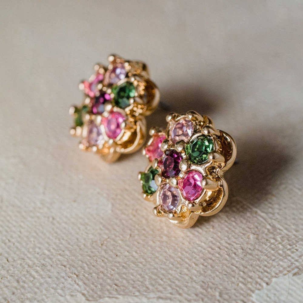 Vintage 1970s Flower Pierced Earrings with Austrian Crystals - 18k Yellow Gold Electroplated jewelry image 1