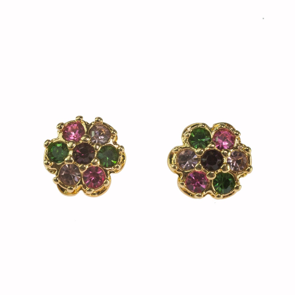 Vintage 1970s Flower Pierced Earrings with Austrian Crystals - 18k Yellow Gold Electroplated jewelry image 1