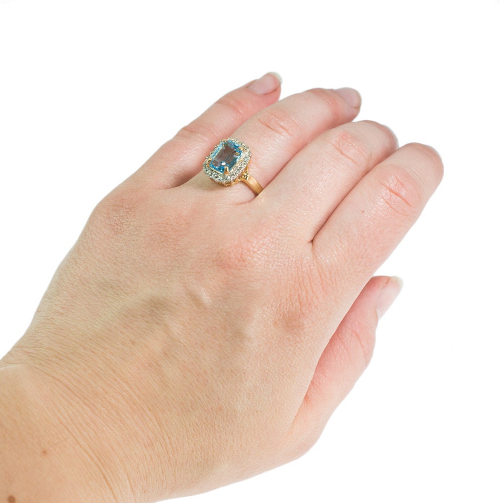 Vintage 1970s Aquamarine Austrian Crystal Ring - 18k White Gold Plated March Birthstone jewelry image 1