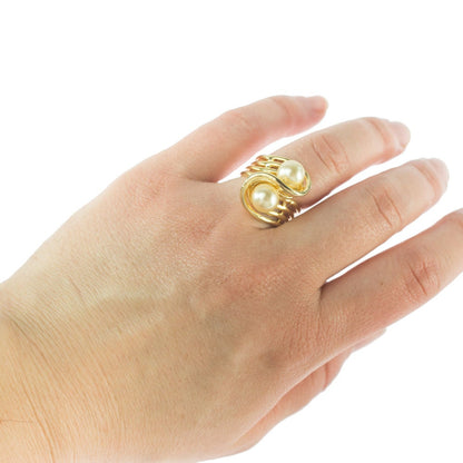 Vintage 1970s Cream Glass Pearl Bypass Ring – 18k Yellow Gold Electroplated, Made in USA jewelry image 1