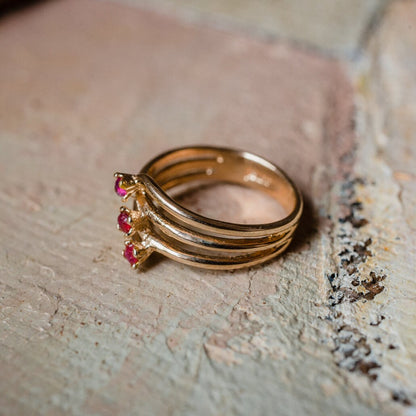 Vintage 1980s Genuine Ruby 18k Gold Electroplated Three-Stone Ring – Made in USA jewelry image 1