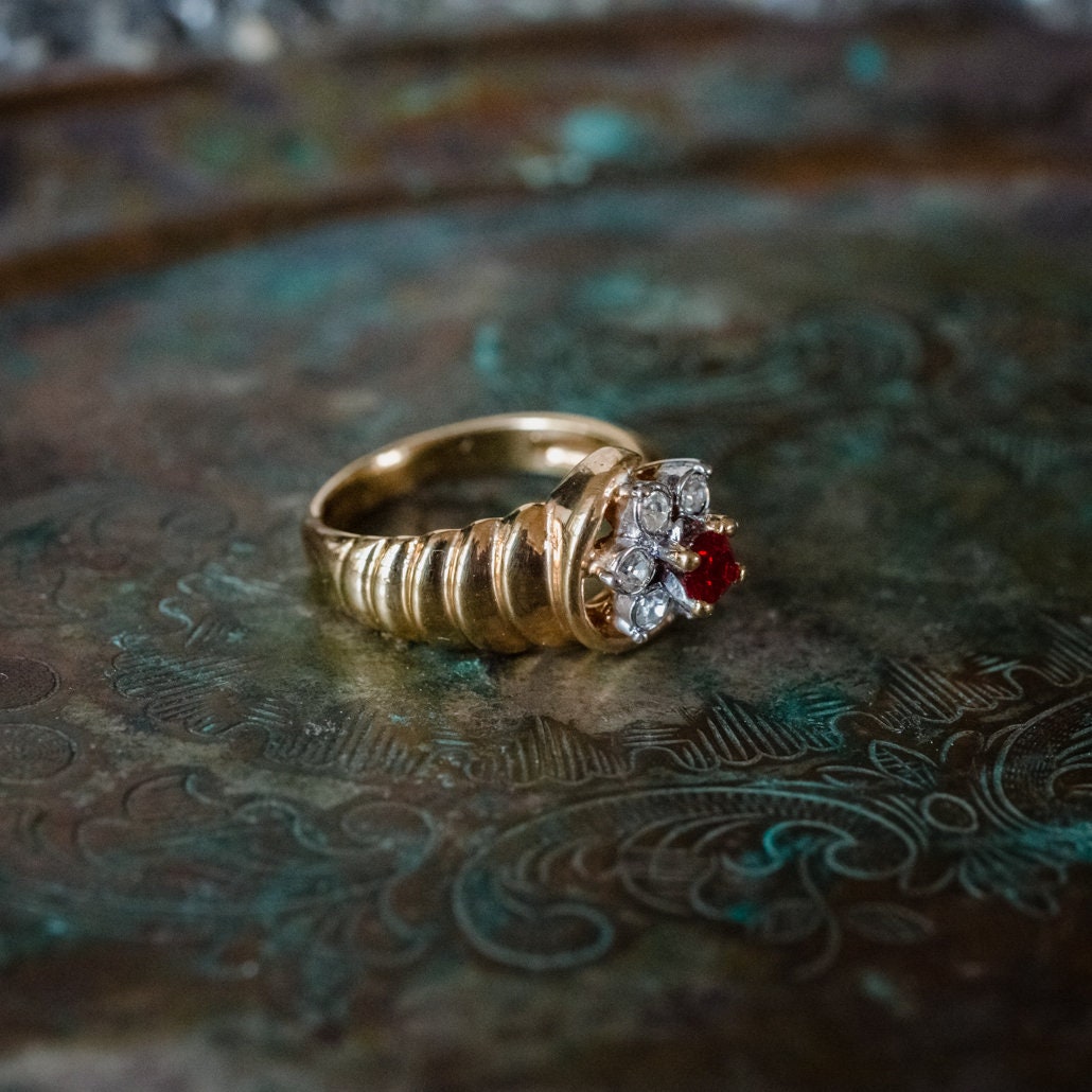 Vintage 1980s Ruby and Clear Austrian Crystal Cluster Ring - 18k Gold Electroplated jewelry image 1