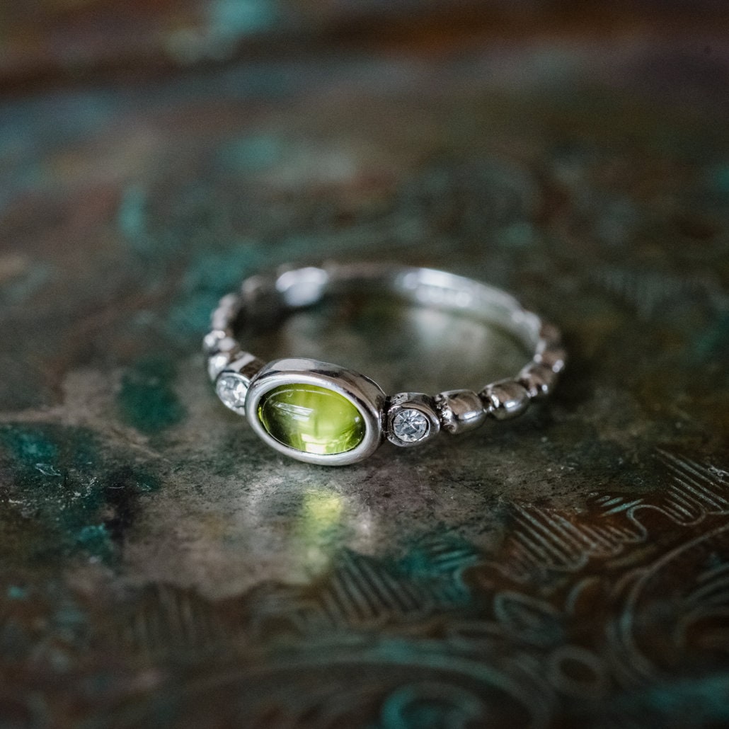 Vintage 1980s Peridot Cabochon and Clear Austrian Crystal 18k White Gold Electroplated Ring jewelry image 1