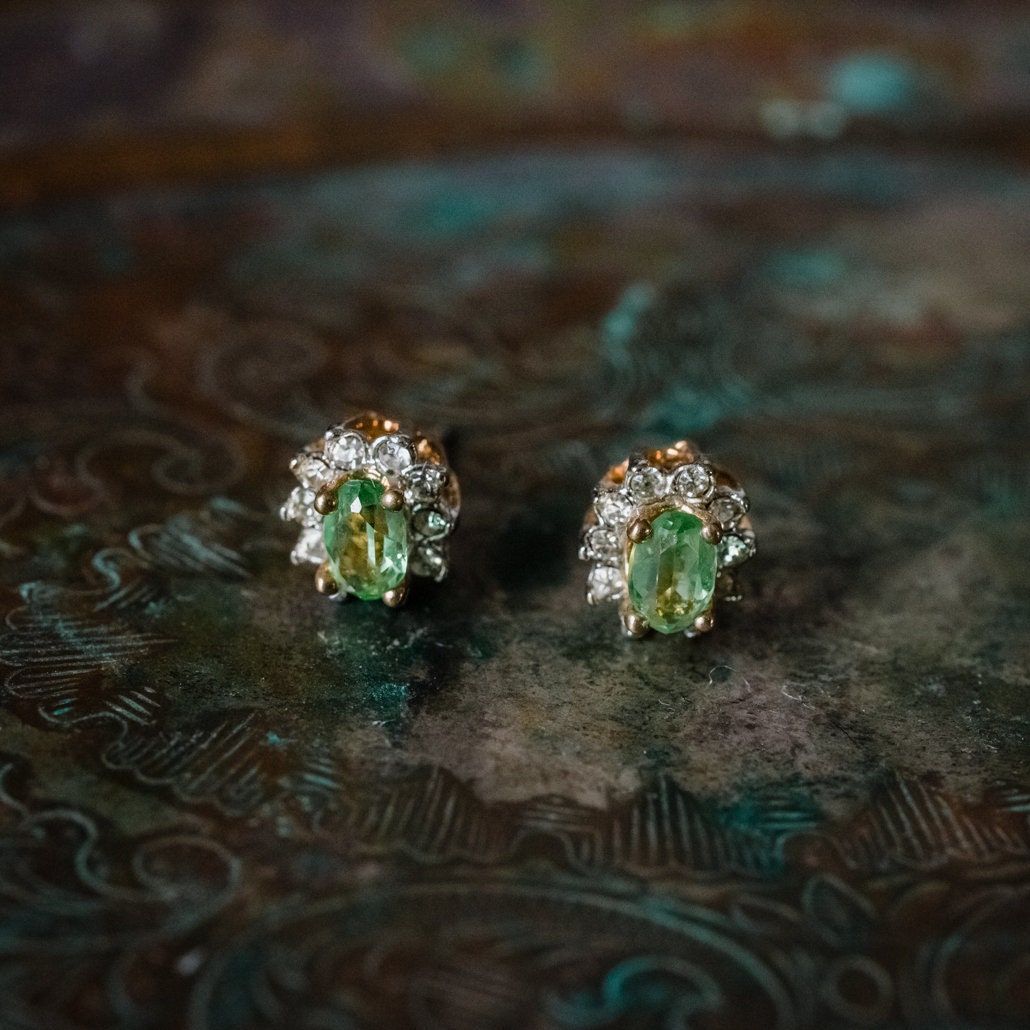 Vintage 18k Gold Electroplated Peridot and Clear Swarovski Crystal Post Earrings jewelry image 1