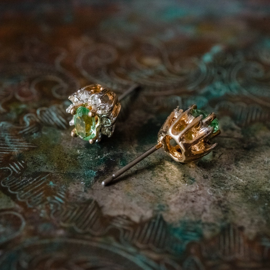 Vintage 18k Gold Electroplated Peridot and Clear Swarovski Crystal Post Earrings jewelry image 1
