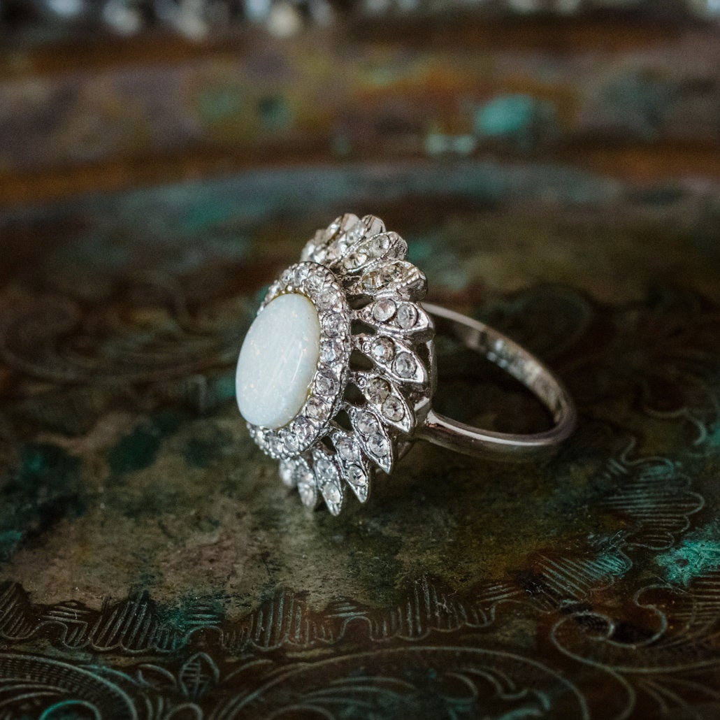 Vintage Genuine Opal Cocktail Ring with Austrian Crystals – 18k White Gold Electroplated – Made in USA jewelry image 1