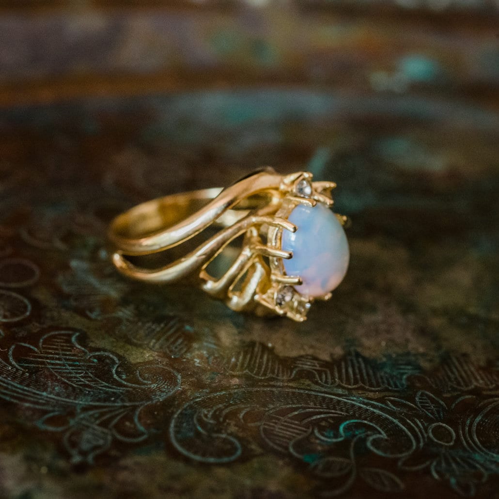 Vintage 1970s Pinfire Opal Crystal Ring with Austrian Crystals - 18k Gold Electroplated jewelry image 1