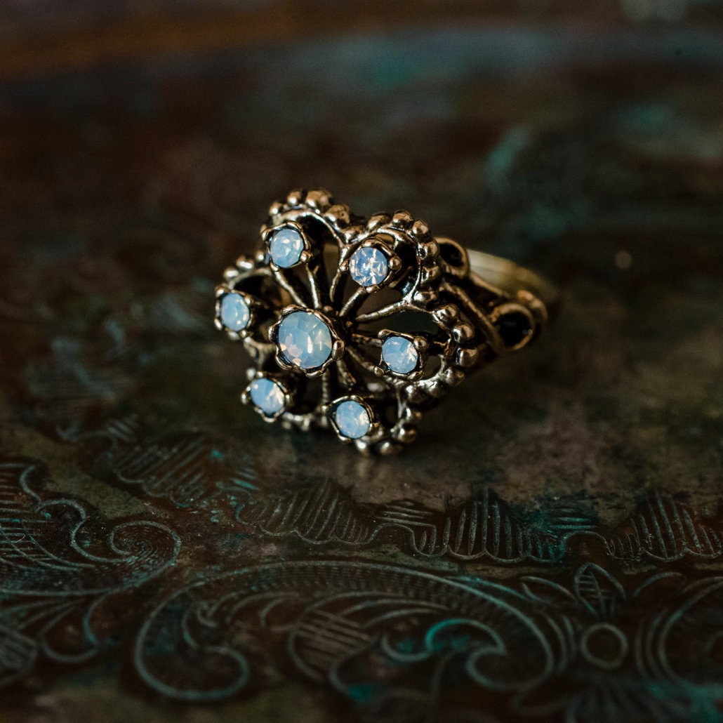 Vintage 1970s Filigree Ring with Pinfire Opals - 18k Gold Electroplated - Made in USA jewelry image 1