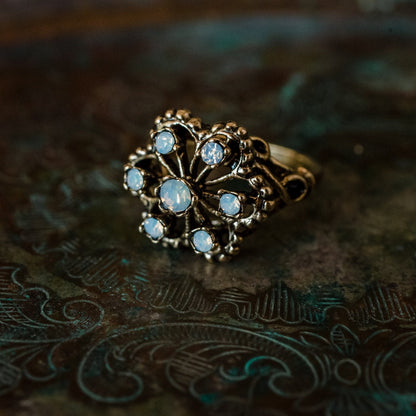 Vintage 1970s Filigree Ring with Pinfire Opals - 18k Gold Electroplated - Made in USA jewelry image 1