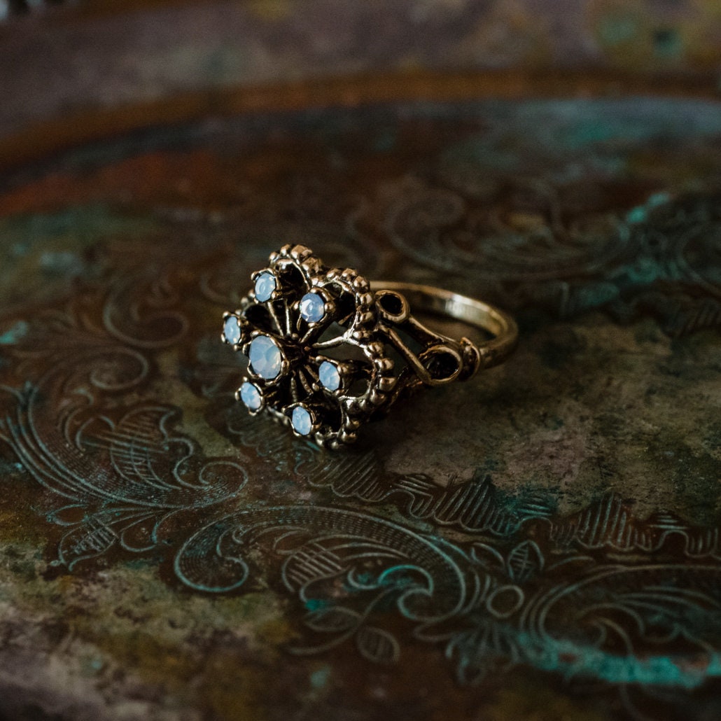 Vintage 1970s Filigree Ring with Pinfire Opals - 18k Gold Electroplated - Made in USA jewelry image 1