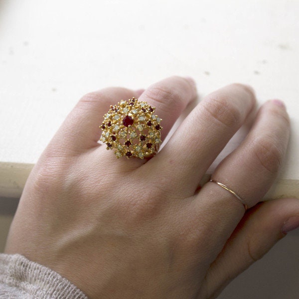 Vintage Ruby Austrian Crystal and Pinfire Opal Burst Cocktail Ring – 18kt Yellow Gold Electroplated jewelry image 1