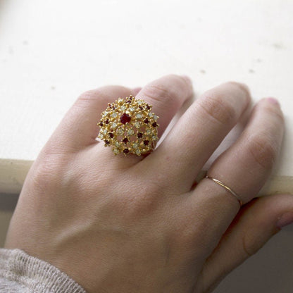 Vintage Ruby Austrian Crystal and Pinfire Opal Burst Cocktail Ring – 18kt Yellow Gold Electroplated jewelry image 1