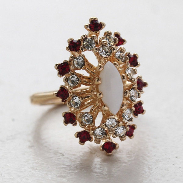Vintage Genuine Opal Cocktail Ring with Ruby and Clear Austrian Crystals – 18kt Yellow Gold Electroplated jewelry image 1