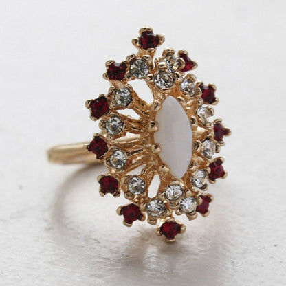 Vintage Genuine Opal Cocktail Ring with Ruby and Clear Austrian Crystals – 18kt Yellow Gold Electroplated jewelry image 1