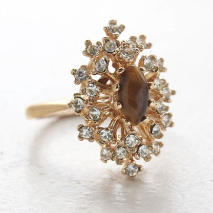 Vintage Genuine Tiger Eye Ring with Clear Austrian Crystals – 18kt Yellow Gold Electroplated jewelry image 1