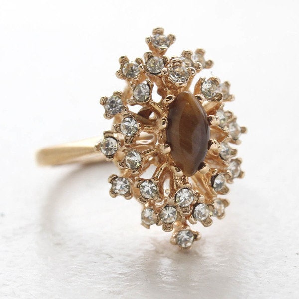 Vintage Genuine Tiger Eye and Clear Austrian Crystal Cocktail Ring 18kt Yellow Gold Electroplated jewelry image 1