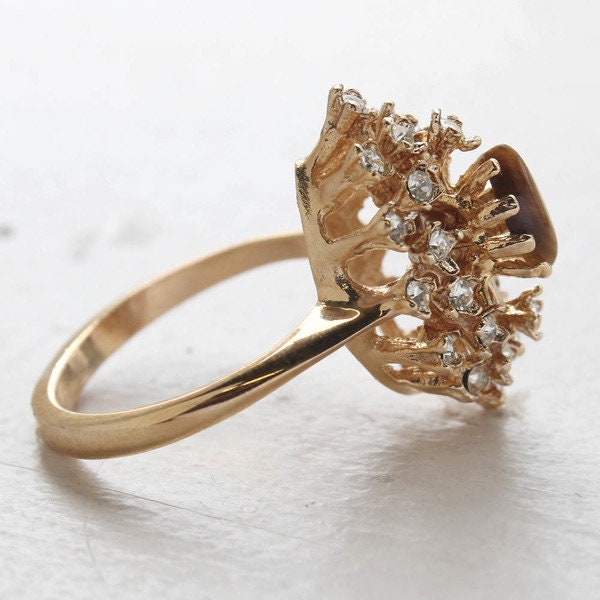 Vintage Genuine Tiger Eye and Clear Austrian Crystal Cocktail Ring 18kt Yellow Gold Electroplated jewelry image 1