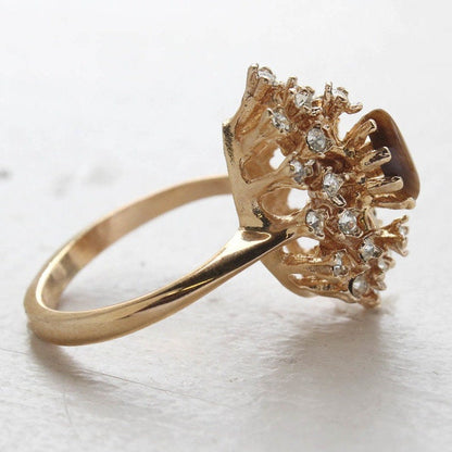 Vintage Genuine Tiger Eye and Clear Austrian Crystal Cocktail Ring 18kt Yellow Gold Electroplated jewelry image 1