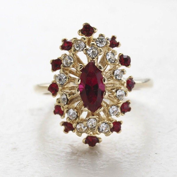 Vintage Genuine Opal and Ruby Austrian Crystal Cocktail Ring - 18kt Yellow Gold Electroplated jewelry image 1
