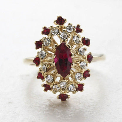 Vintage Genuine Opal and Ruby Austrian Crystal Cocktail Ring - 18kt Yellow Gold Electroplated jewelry image 1