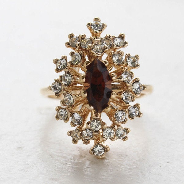 Vintage Genuine Opal Cocktail Ring with Clear Austrian Crystals - 18kt Yellow Gold Electroplated jewelry image 1