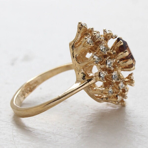 Vintage Genuine Opal Cocktail Ring with Clear Austrian Crystals - 18kt Yellow Gold Electroplated jewelry image 1