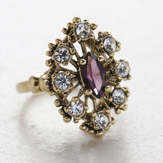 Vintage Marquise Cut Amethyst Austrian Crystal Cocktail Ring with Clear Crystals - 18k Gold Electroplated jewelry image 1