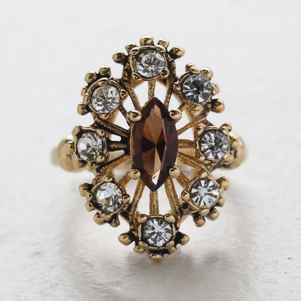 Vintage Brown Topaz and Clear Austrian Crystal Cocktail Ring - 18kt Antiqued Gold Electroplated jewelry image 1