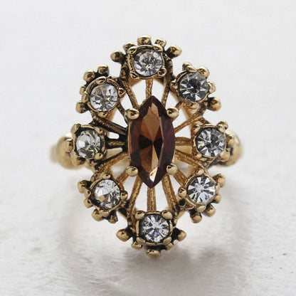 Vintage Brown Topaz and Clear Austrian Crystal Cocktail Ring - 18kt Antiqued Gold Electroplated jewelry image 1