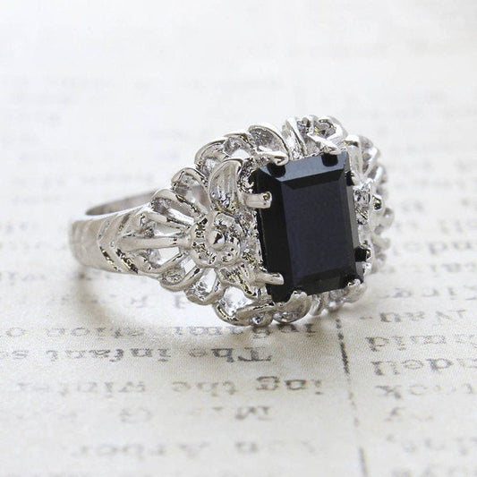 Vintage Emerald Cut Black Austrian Crystal Filigree Ring – 18kt White Gold Electroplated, Made in USA jewelry image 1