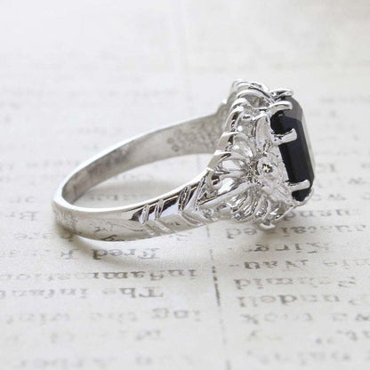 Vintage Emerald Cut Black Austrian Crystal Filigree Ring – 18kt White Gold Electroplated, Made in USA jewelry image 1