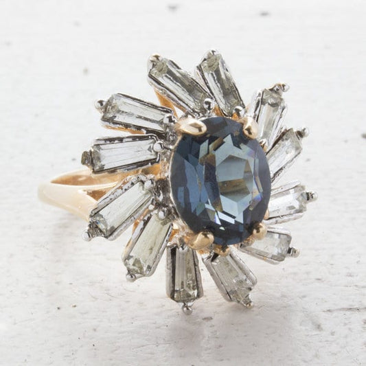 Vintage Sapphire and Clear Baguette Austrian Crystal Cocktail Ring – 18kt Yellow Gold Electroplated jewelry image 1