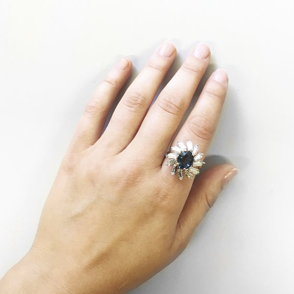 Vintage Sapphire and Clear Baguette Austrian Crystal Cocktail Ring – 18kt Yellow Gold Electroplated jewelry image 1