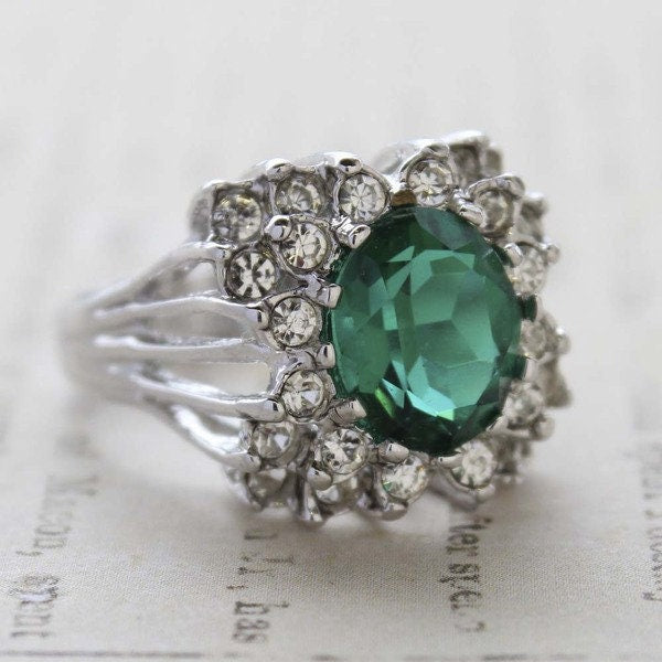 Vintage Emerald and Clear Crystal Cocktail Ring - 18kt White Gold Electroplate - Made in USA jewelry image 1
