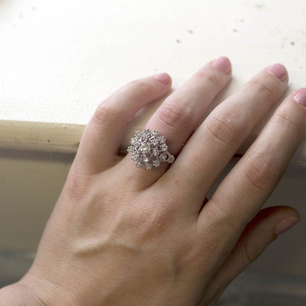 Vintage Clear Austrian Crystal Burst Ring – 18k White Gold Electroplated, Made in USA jewelry image 1