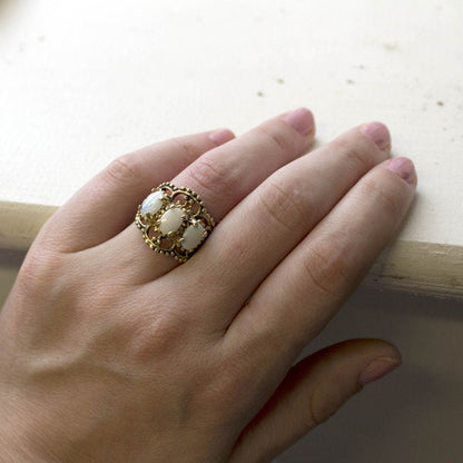 Vintage Genuine Opal Three-Stone Cocktail Ring in 18kt Yellow Gold Electroplate jewelry image 1