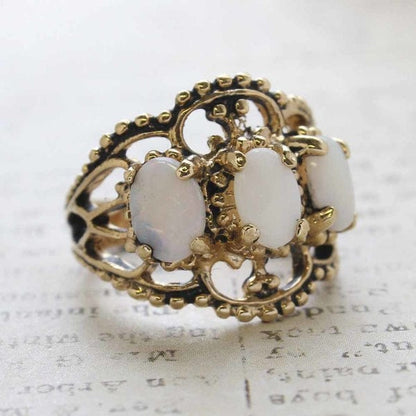 Vintage Genuine Opal Three-Stone Cocktail Ring in 18kt Yellow Gold Electroplate jewelry image 1