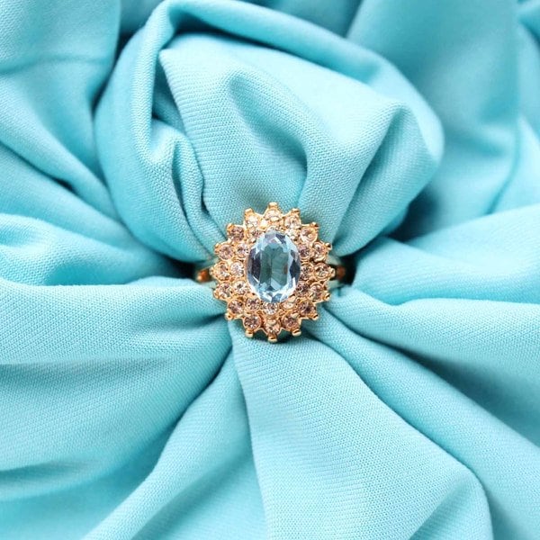 Vintage Aquamarine and Clear Austrian Crystal Halo Ring in 18kt Yellow Gold Electroplate jewelry image 1
