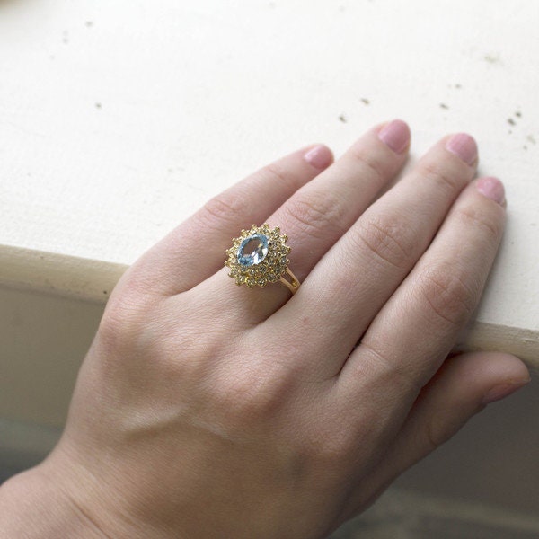 Vintage Aquamarine and Clear Austrian Crystal Halo Ring in 18kt Yellow Gold Electroplate jewelry image 1
