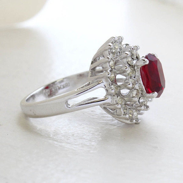 Vintage Ruby and Clear Austrian Crystal Cocktail Ring - 18kt White Gold Electroplated jewelry image 1