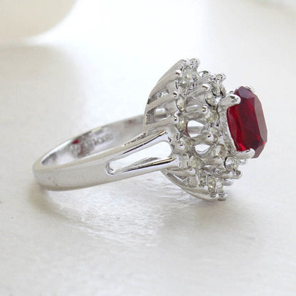 Vintage Ruby and Clear Austrian Crystal Cocktail Ring - 18kt White Gold Electroplated jewelry image 1
