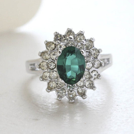 Vintage Emerald CZ and Clear Austrian Crystal Cocktail Ring – 18kt White Gold Electroplated jewelry image 1