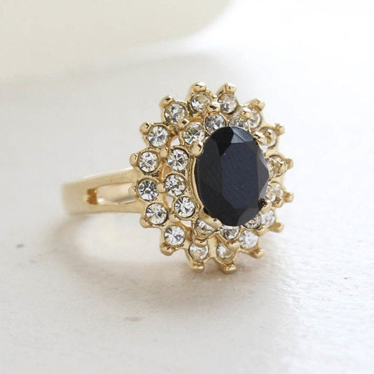 Vintage Black and Clear Austrian Crystal Cocktail Ring – 18kt Yellow Gold Electroplate jewelry image 1