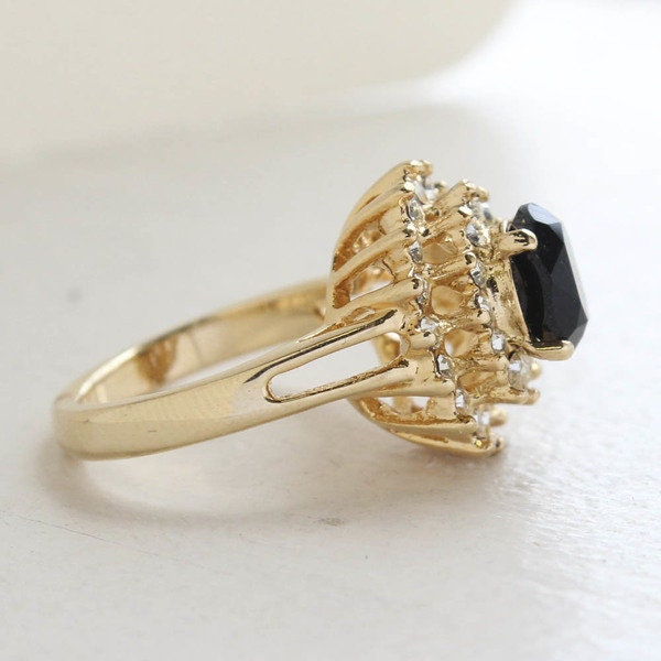 Vintage Black and Clear Austrian Crystal Cocktail Ring – 18kt Yellow Gold Electroplate jewelry image 1