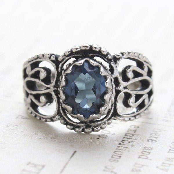 Vintage Sapphire Austrian Crystal Filigree Ring – Antiqued 18k White Gold Electroplated – Made in USA jewelry image 1