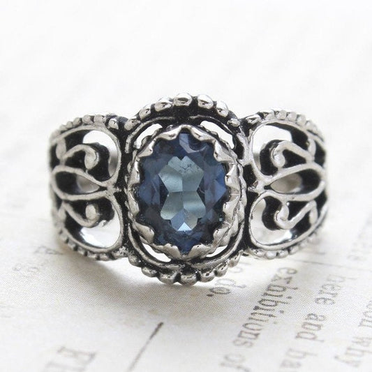 Vintage Sapphire Austrian Crystal Filigree Ring – Antiqued 18k White Gold Electroplated – Made in USA jewelry image 1